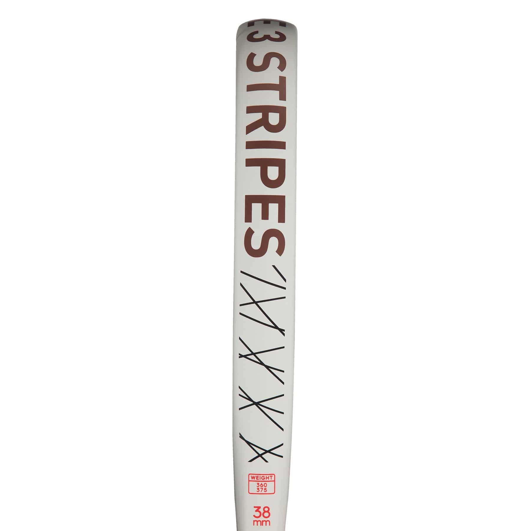 Close-up of a cricket bat's back featuring the text "3 STRIPES" in large brown letters, reminiscent of the ADIDAS Drive 3.3 Padel Racket - Vintage by adidas, celebrated for its control and comfort. Below, a logo with stylized stripes and "38 mm" appears above a small emblem. The sleek white bat design is beginner-friendly.