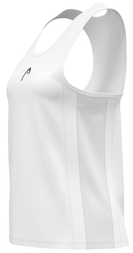 The HEAD Club 25 Tech Women's Padel Tank Top in white is a sleeveless sports jersey with a small chest logo, viewed from the right side. It features moisture transfer microfiber technology, wicking properties, and breathable mesh panels for ventilation.