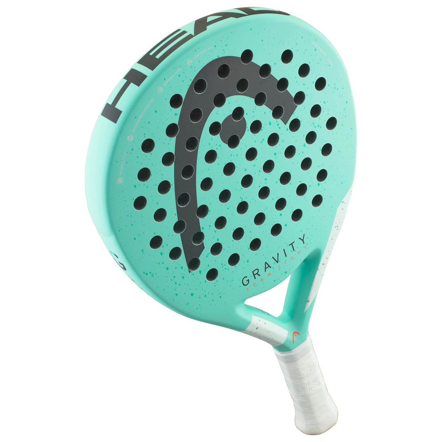 Introducing the HEAD Gravity Team Light 2024 Padel Racket in Mint, showcasing black branding and circular perforations. It includes Control Foam technology for enhanced play and features a handle wrapped in white grip tape.