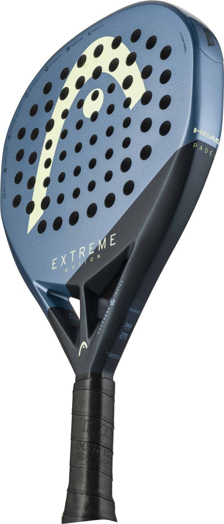 The HEAD Extreme Motion 2025 Padel Racket - Blue features the HEAD logo, "EXTREME" branding, specs on the face, multiple round holes for power play, and a black grip handle.
