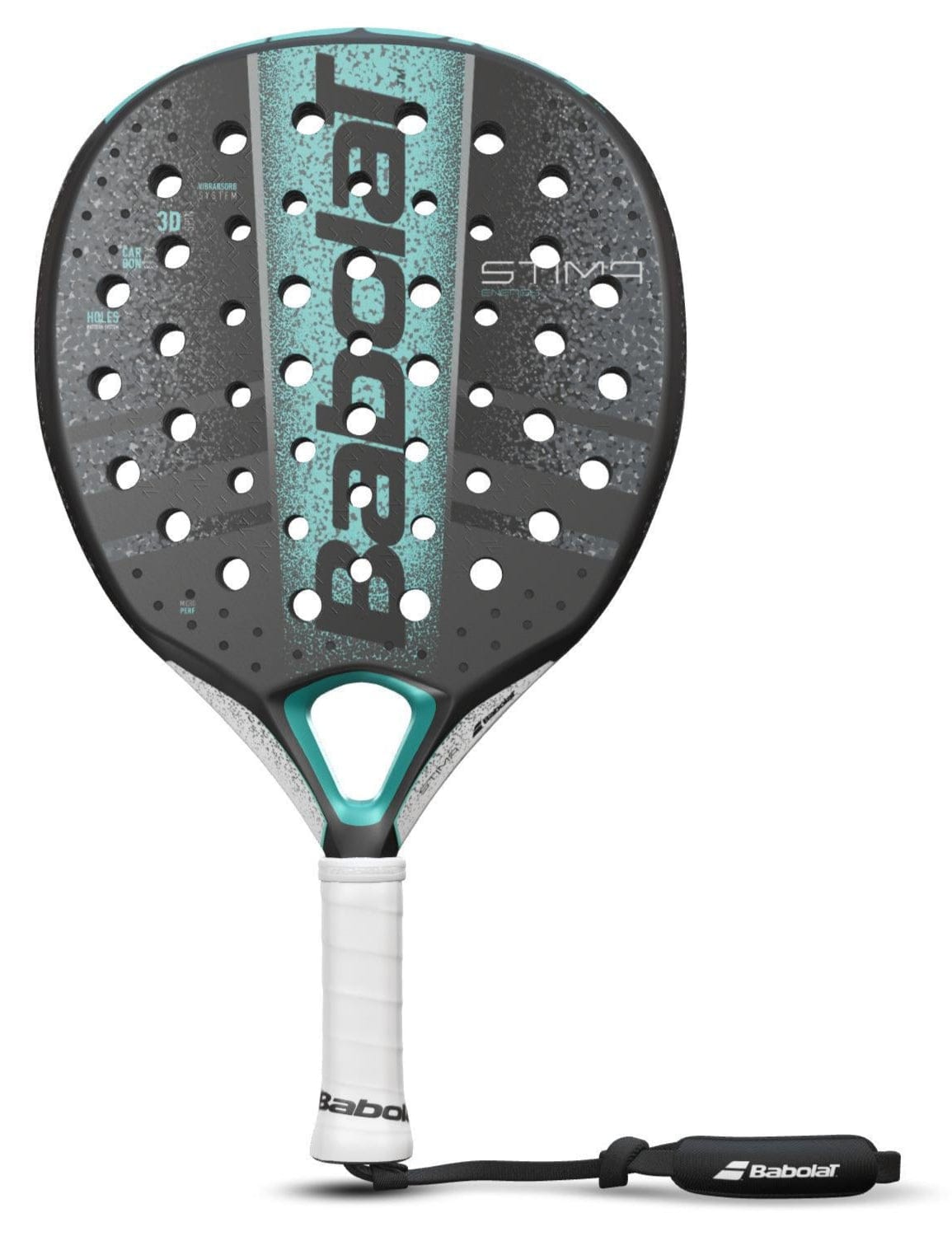 The Babolat Stima Energy Padel Racket in black and turquoise incorporates a lightweight design with gray elements and turquoise accents. The brand name Babolat is prominently displayed on its surface. This racket features a perforated structure, complemented by a white grip and an attached wrist strap to enhance your performance on the court.