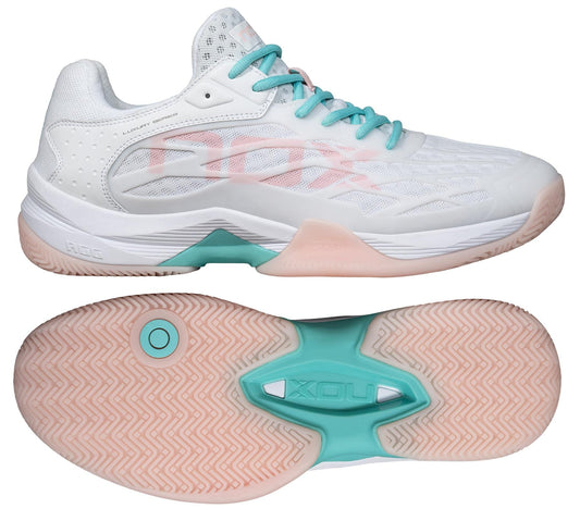 The NOX AT10 Lux Womens Padel Shoes in White/Potpurri feature light teal laces, pale pink accents on the sole, and visible tread patterns and branding, shown from the side and bottom. Endorsed by Agustin Tapia.