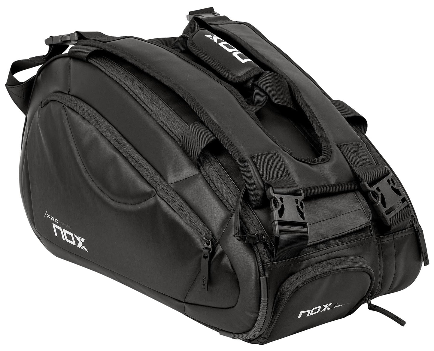 The NOX Pro Series Padel Racket Bag - Black offers spacious storage with multiple compartments, sturdy handles, and features the white NOX logo on the side and front pocket.