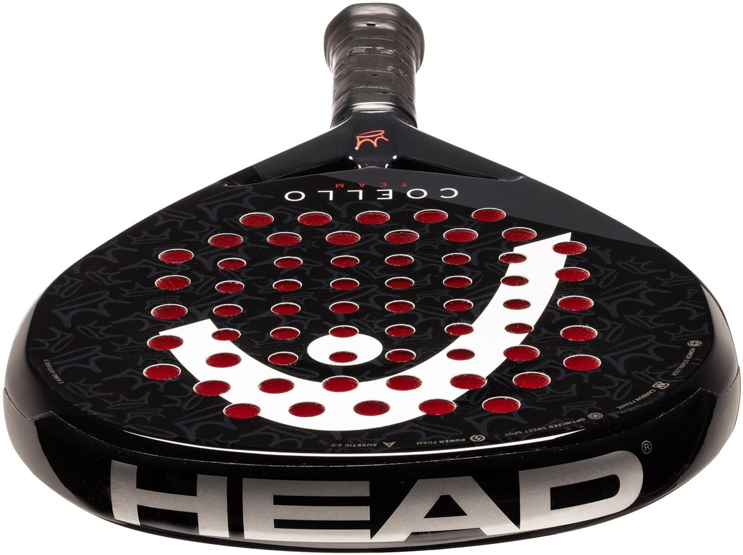 The HEAD Coello Team 2025 Padel Racket - Black features a large white "V" design, red circular holes, and the "COELLO" model name above the handle, all powered by HEAD’s Auxetic 2.0 technology for superior performance.