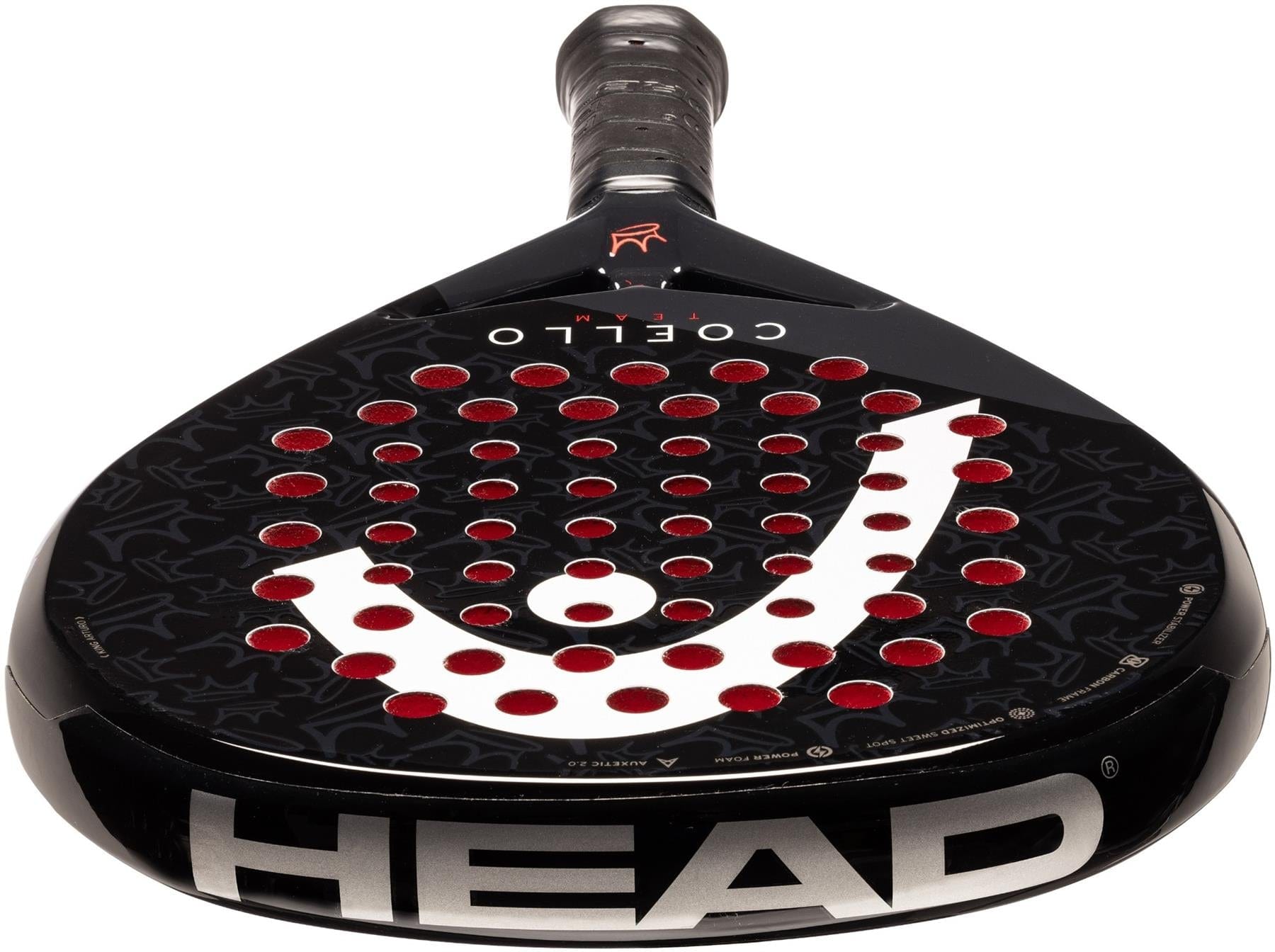 The HEAD Coello Team 2025 Padel Racket - Black features a large white "V" design, red circular holes, and the "COELLO" model name above the handle, all powered by HEAD’s Auxetic 2.0 technology for superior performance.