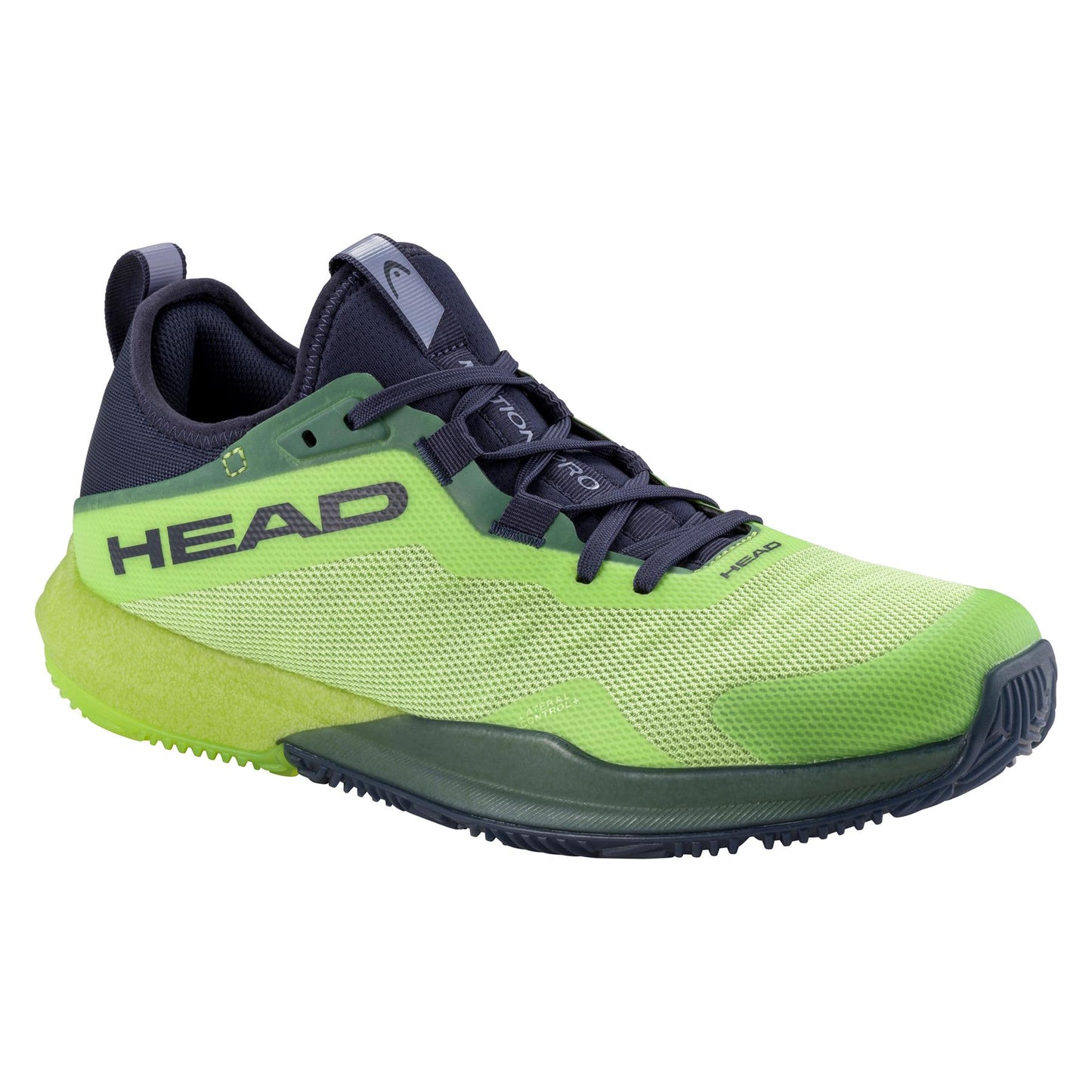 Check out the HEAD Motion Pro Men's Padel Shoes in lime/navy! These athletic shoes boast a breathable textured mesh upper, DynaFoam cushion for comfort, and a sturdy rubber sole for excellent grip and 360-degree movement. Ideal for sports and outdoor activities.