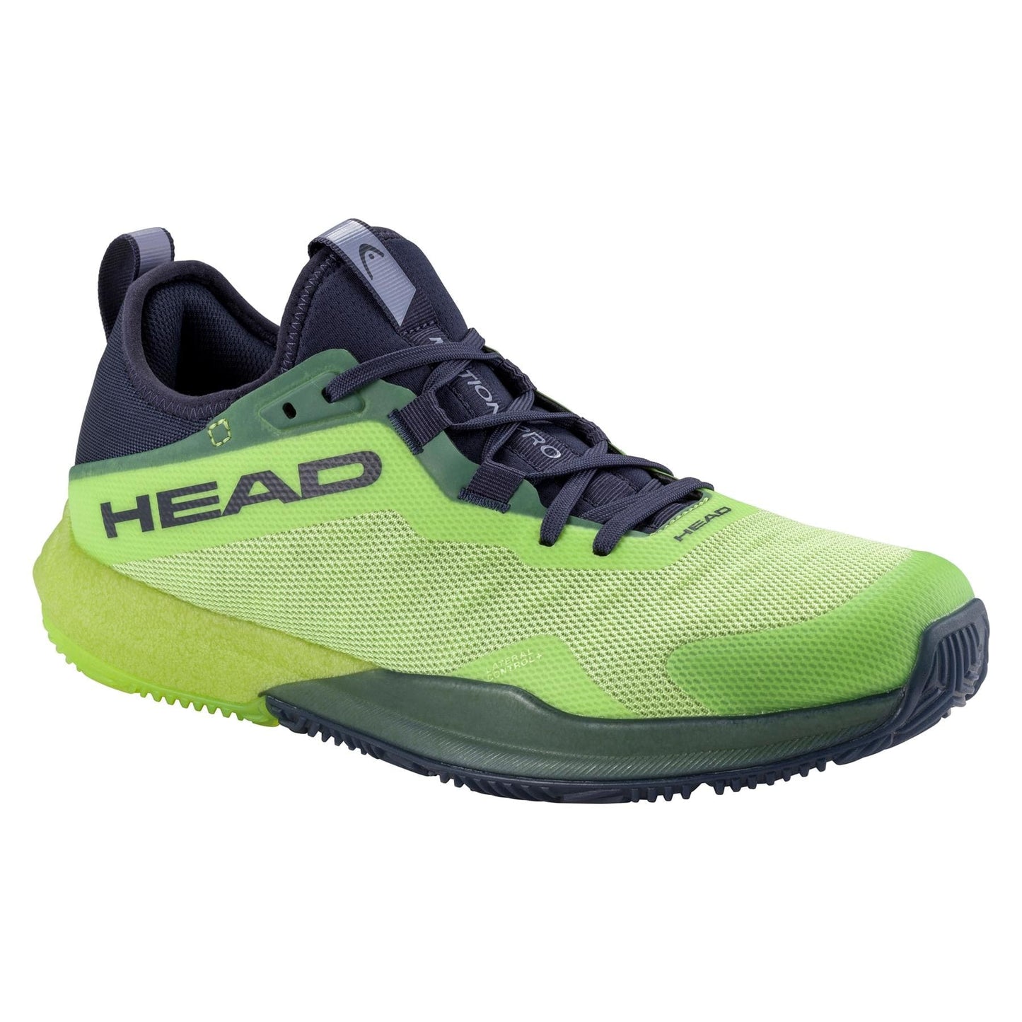 Check out the HEAD Motion Pro Men's Padel Shoes in lime/navy! These athletic shoes boast a breathable textured mesh upper, DynaFoam cushion for comfort, and a sturdy rubber sole for excellent grip and 360-degree movement. Ideal for sports and outdoor activities.