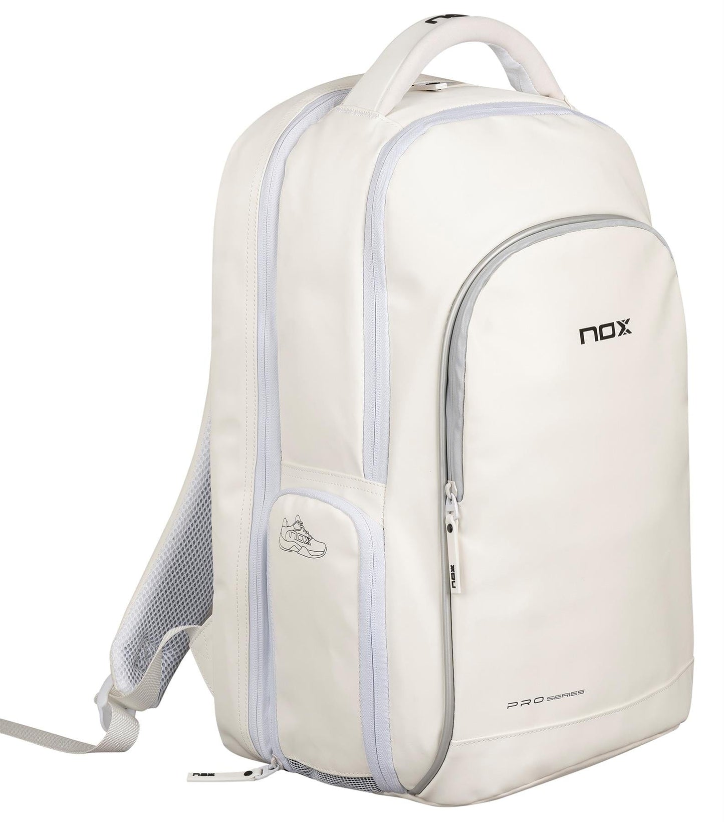 The NOX Pro Series Padel Backpack - White by NOX features a large main compartment, front zip pocket, side shoe pocket, top handle, and light gray zippers with mesh details for a stylish padel-ready look.
