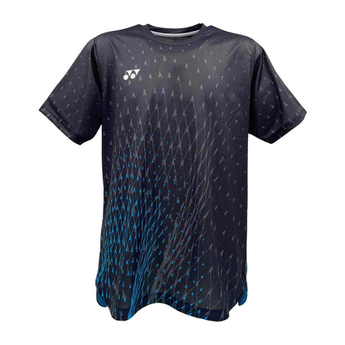Explore the Yonex YTM6 Men's Padel T-Shirt in Shadow Black, showcasing a sleek design with a blue gradient triangle pattern. Made from moisture-wicking polyester, this short-sleeve tee keeps you comfortable and dry, and features a small white logo on the upper left side.