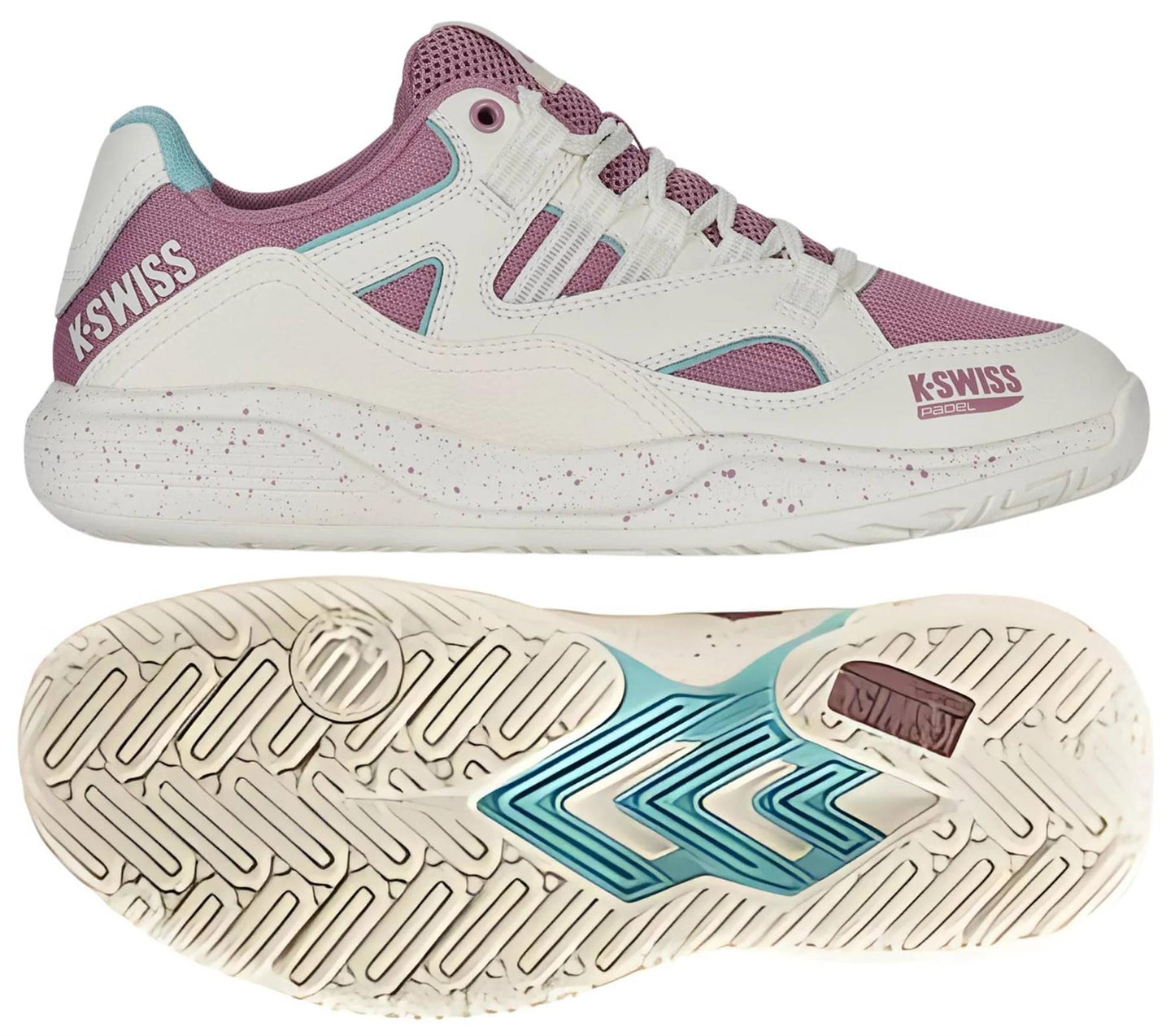 The K-Swiss Tura Team Women's Padel Shoes in white, pink, and turquoise feature a white base with pink accents and light blue details. These versatile padel shoes have a pink mesh upper with white overlays and a sole that offers excellent court grip with pink and blue highlights.