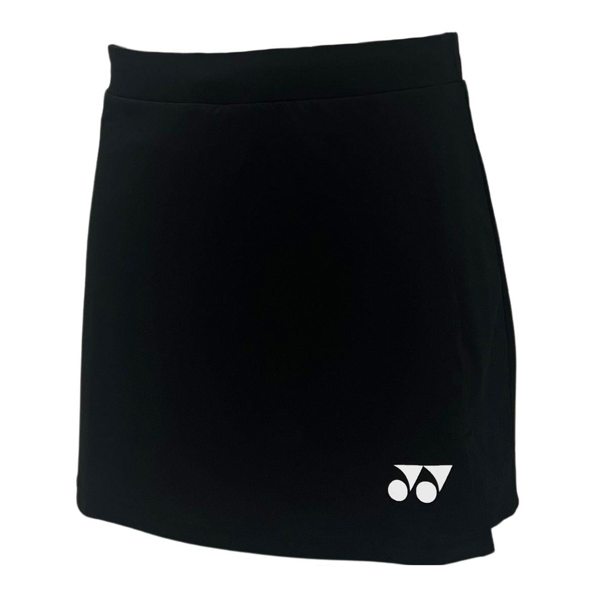 Introducing the Yonex YSKT2024 Women's Padel Skirt/Skort in black with a white logo featuring two circles and a triangle on the bottom right. This straight-hem athletic skirt is made of moisture-wicking fabric, ideal for intense matches.