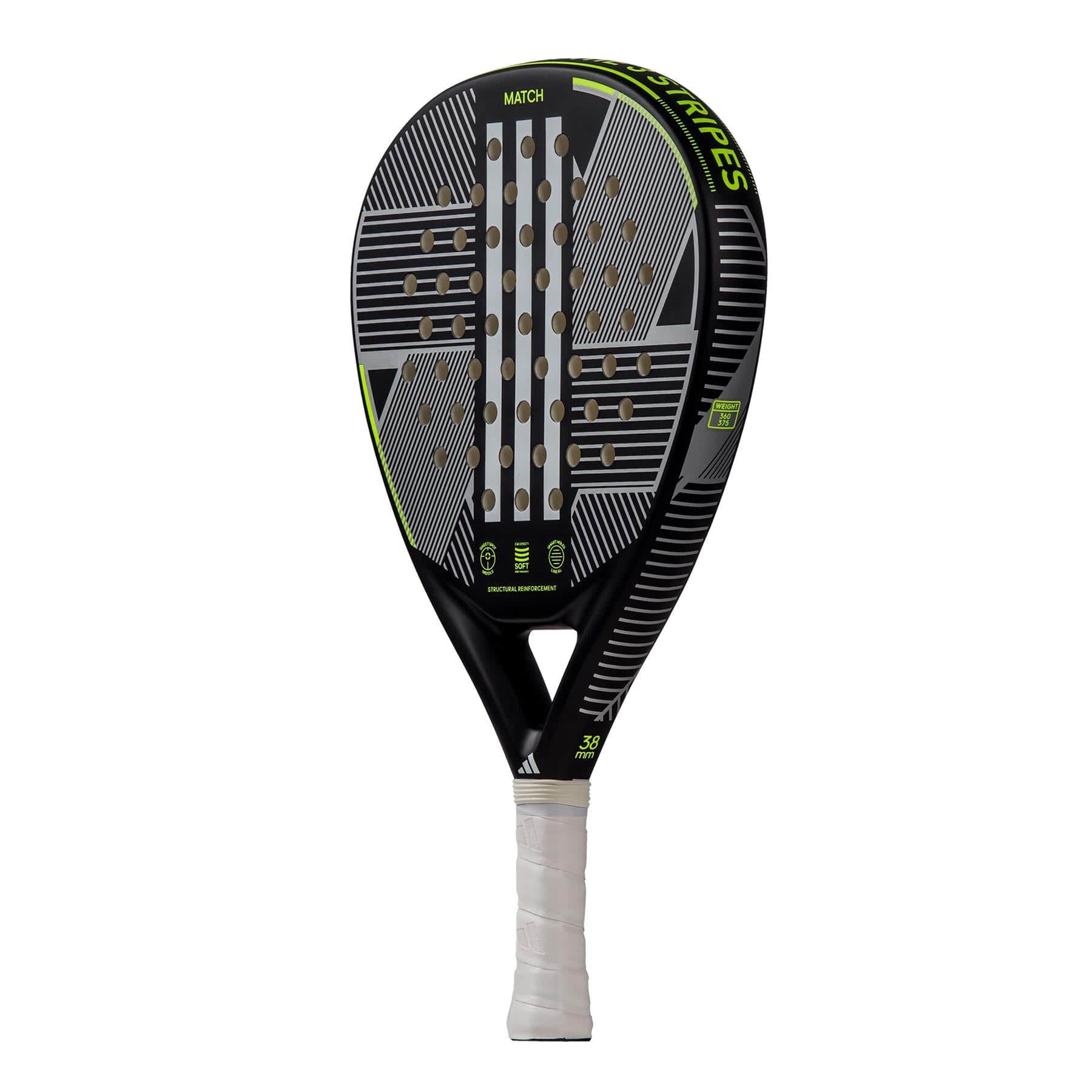The ADIDAS Match 3.3 Padel Racket in black and lime features a teardrop-shaped head with white accents and a perforated surface. It's designed for beginner players, showcasing diagonal stripe patterns and adidas logo markings near the handle wrapped in white grip tape.