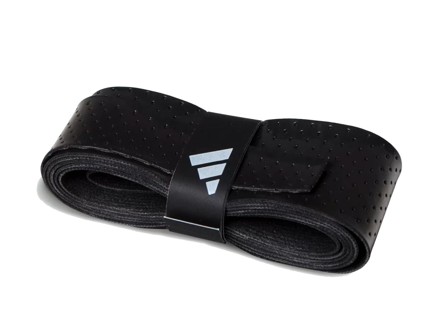 The ADIDAS Padel Overgrips (3 Pack) - Black by adidas features coiled black overgrips with micro-perforations for comfort and performance, plus a black band with a silver geometric adidas logo, all shown on a white background.