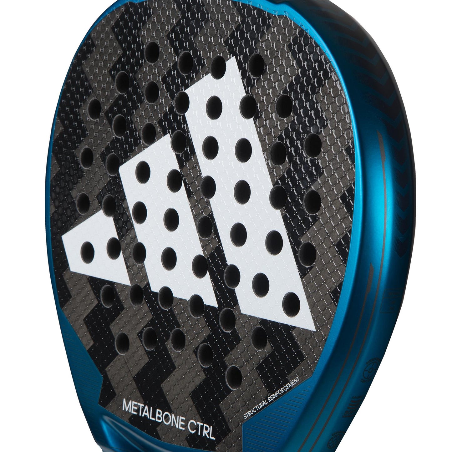A close-up of the adidas Metalbone CTRL 3.3 Padel Racket - Blue for advanced players highlights its textured black surface featuring a prominent white triangular logo at its center. The metallic blue edge enhances the sleek look of this expertly crafted equipment, labeled "METALBONE CTRL.