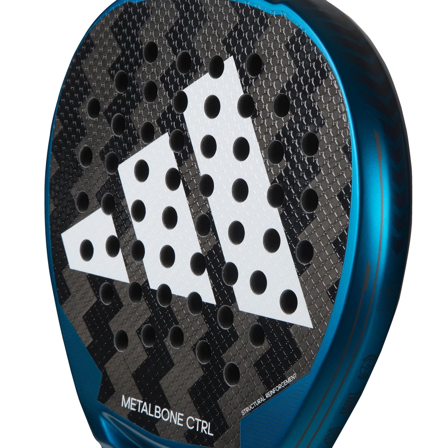 A close-up of the adidas Metalbone CTRL 3.3 Padel Racket - Blue for advanced players highlights its textured black surface featuring a prominent white triangular logo at its center. The metallic blue edge enhances the sleek look of this expertly crafted equipment, labeled "METALBONE CTRL.