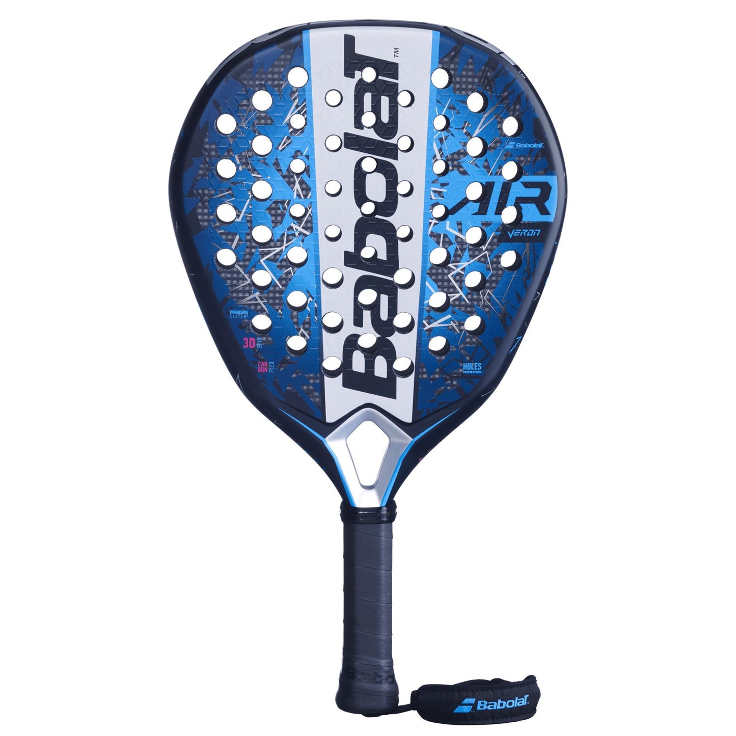 The Babolat Air Veron 2.5 Padel Racket in blue features a perforated surface and symmetrical pattern, perfect for Air Strikers. "Babolat" is prominently displayed, and it includes a wrist strap to enhance your dynamic play style.