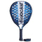 The Babolat Air Veron 2.5 Padel Racket in blue features a perforated surface and symmetrical pattern, perfect for Air Strikers. "Babolat" is prominently displayed, and it includes a wrist strap to enhance your dynamic play style.