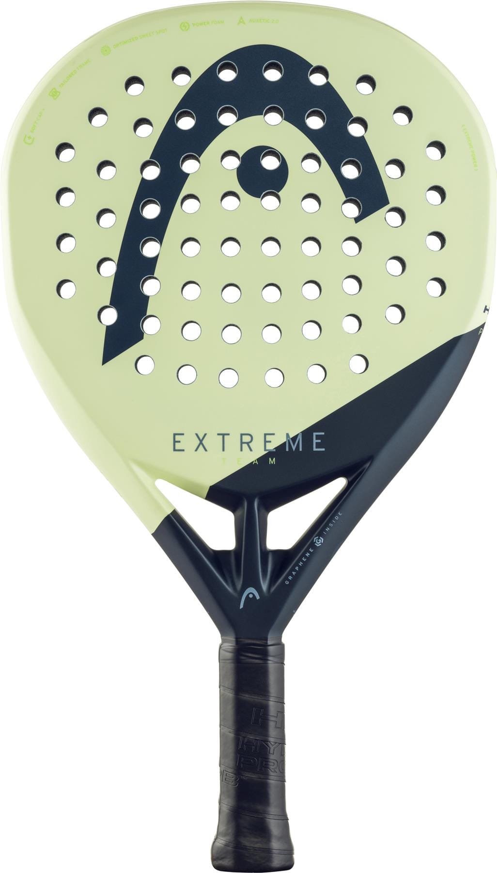The HEAD Extreme Team 2025 Padel Racket - Green features a bold black and green design, power foam construction, large "HEAD" logo, multiple round holes, "EXTREME" printed in the center, and a black grip-taped handle—ideal for advanced players.
