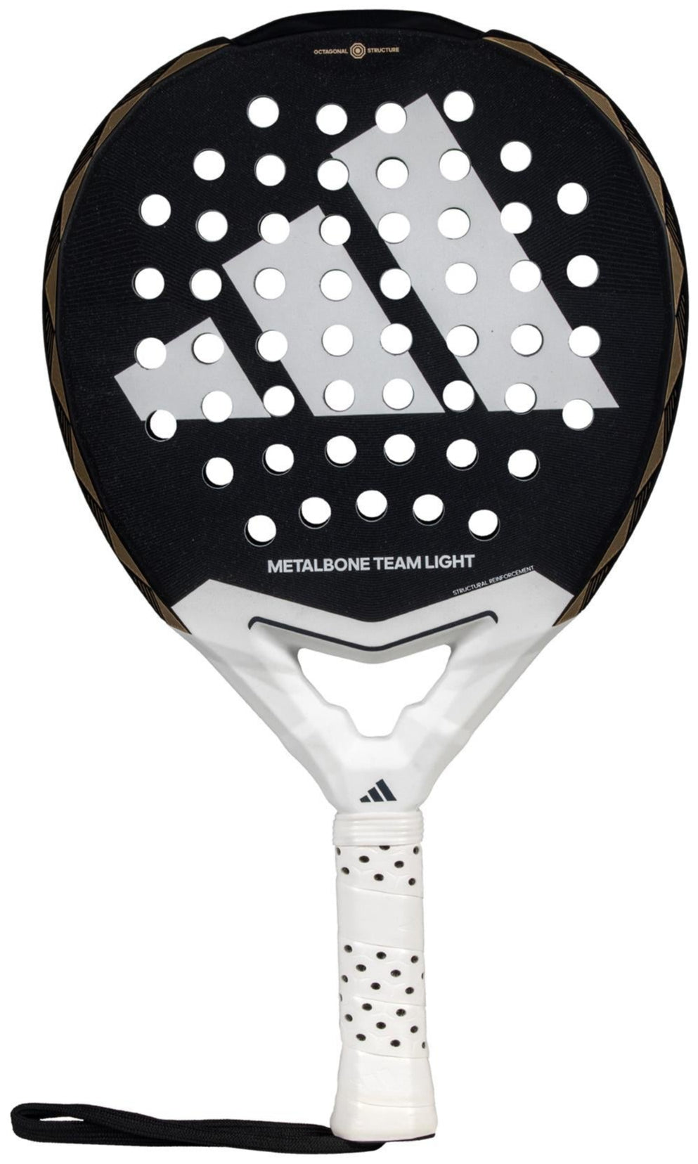 The ADIDAS Metalbone Team Light 3.4 Padel Racket by adidas, in black and white, is designed for advanced players. It features a prominent central logo, perforated details, textured white grip, and wrist strap for enhanced control.
