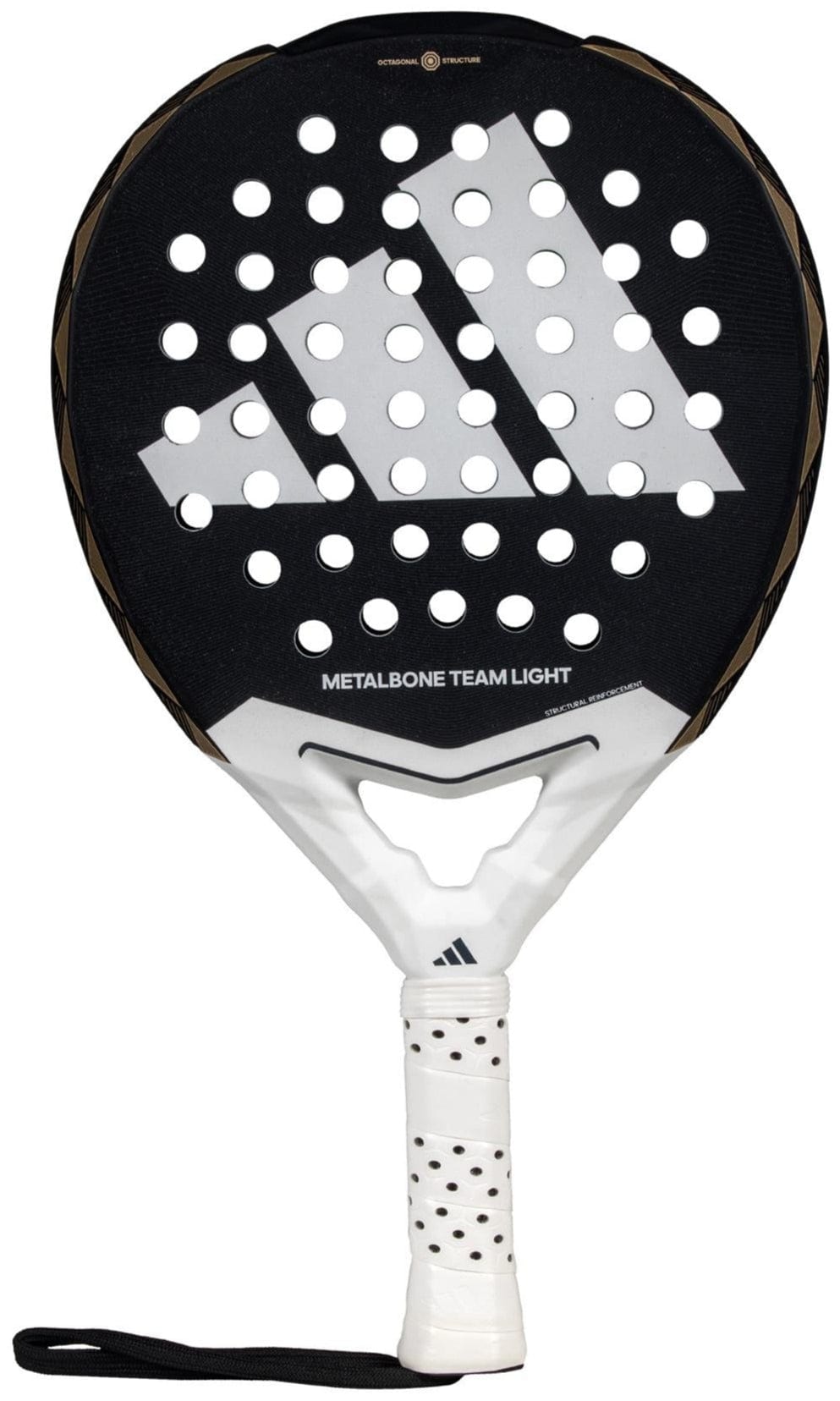 The ADIDAS Metalbone Team Light 3.4 Padel Racket by adidas, in black and white, is designed for advanced players. It features a prominent central logo, perforated details, textured white grip, and wrist strap for enhanced control.