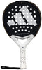 The ADIDAS Metalbone Team Light 3.4 Padel Racket by adidas, in black and white, is designed for advanced players. It features a prominent central logo, perforated details, textured white grip, and wrist strap for enhanced control.