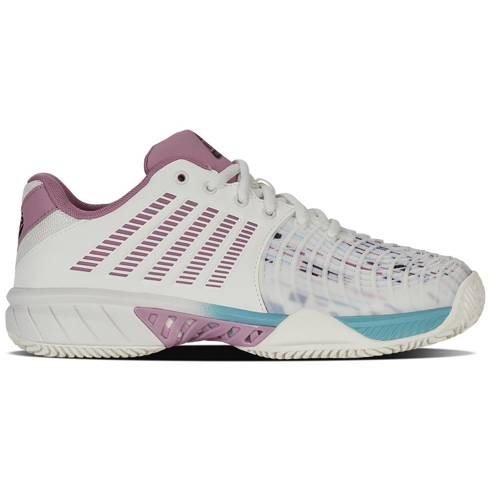 The K-Swiss Express Light 3 Women's Padel Shoes feature a stylish white, pink, and turquoise scheme with a translucent mesh design, purple heel accents, and blue highlights on the sole. Lightweight with a sturdy rubber sole, they offer enhanced traction for padel games.