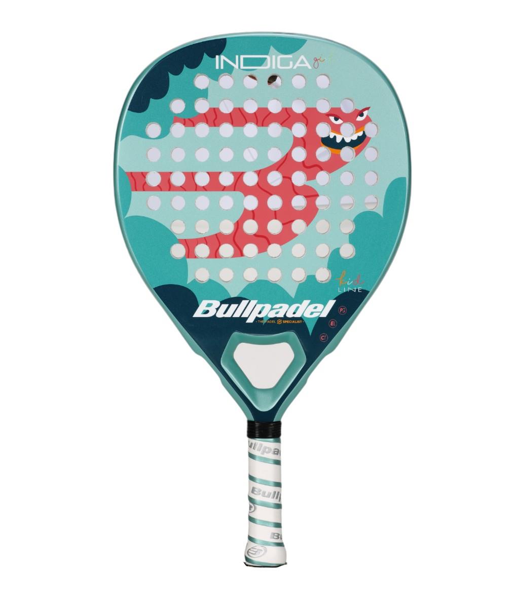 The Bullpadel Indiga Junior 25 Girls Padel Racket boasts a playful design featuring a red cartoon dragon on a teal background, with "Bullpadel" prominently displayed. The white and green-wrapped handle incorporates Grip Zone technology for enhanced precision and comfort.