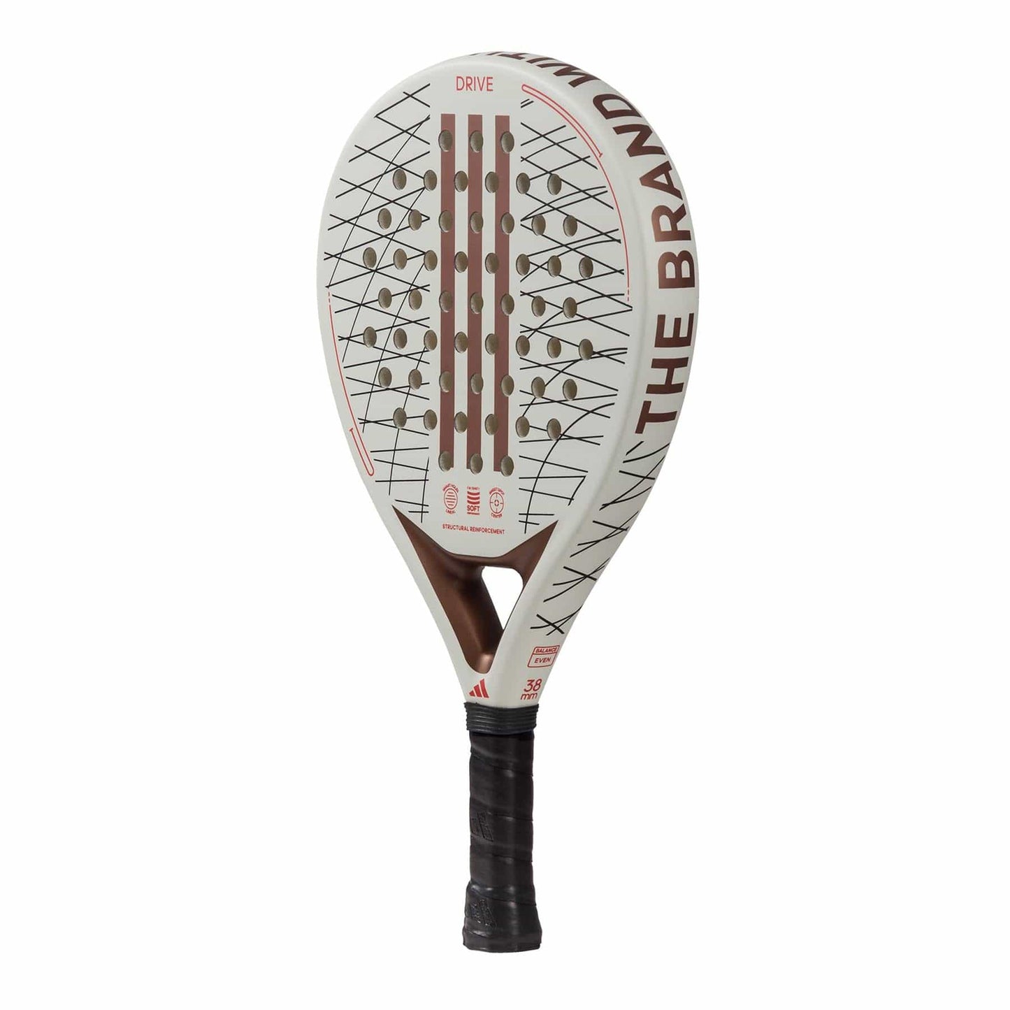 Introducing the beginner-friendly ADIDAS Drive 3.3 Padel Racket - Vintage, featuring a stylish white and brown design with a black handle. Its geometric face pattern and prominent "DRIVE" on top offer exceptional control and comfort, while the adidas brand name subtly graces its side.