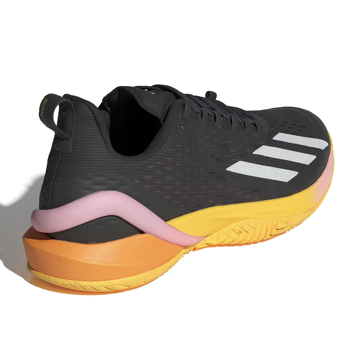 The ADIDAS Adizero Cybersonic Men's All Court Shoes in Aurora Black, Zero Metallic, and Spark feature sleek white stripes and a striking multi-colored sole comprised of yellow, orange, and pink layers. Engineered for all-court performance, these shoes include a perforated upper for enhanced breathability, a textured tread for superior grip, and innovative Energy Rods that deliver dynamic support.