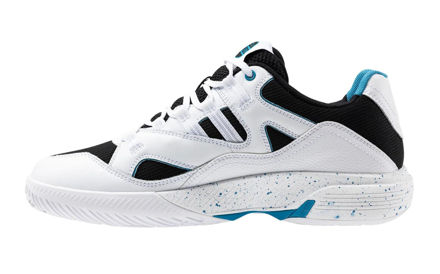 The K-Swiss Tura Team Men's Padel Shoes, in a stylish white, black, and Blue Moon colorway, feature durable designs with blue accents, a white speckled midsole, and a textured sole for excellent court grip. The low-top style blends smooth and mesh textures with laces for optimal performance.