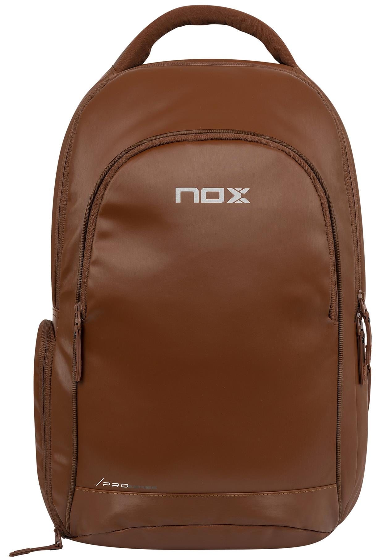 The NOX Pro Series Padel Backpack - Camel features a top handle, front zipper pocket, white "NOX" logo, "PRO" on the lower right, and an air ventilation system—perfect for carrying padel essentials with a sleek, modern design.
