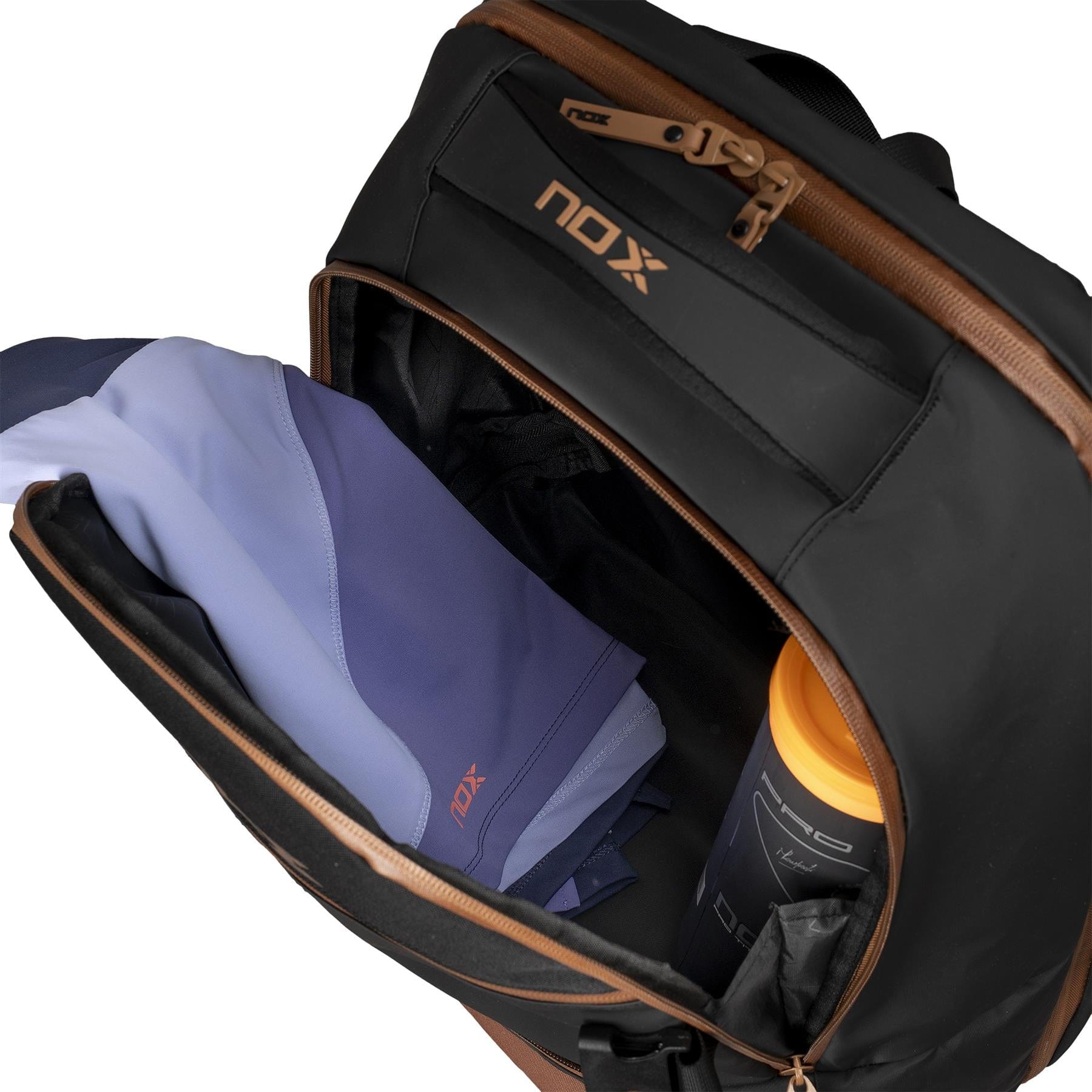 The NOX Luxury Open Series Padel Backpack - Black / Brown by NOX is shown open, displaying folded sportswear, a padel racket, and a yellow-capped water bottle inside. Features include brown zipper accents, NOX branding, and an air ventilation system to keep gear fresh.