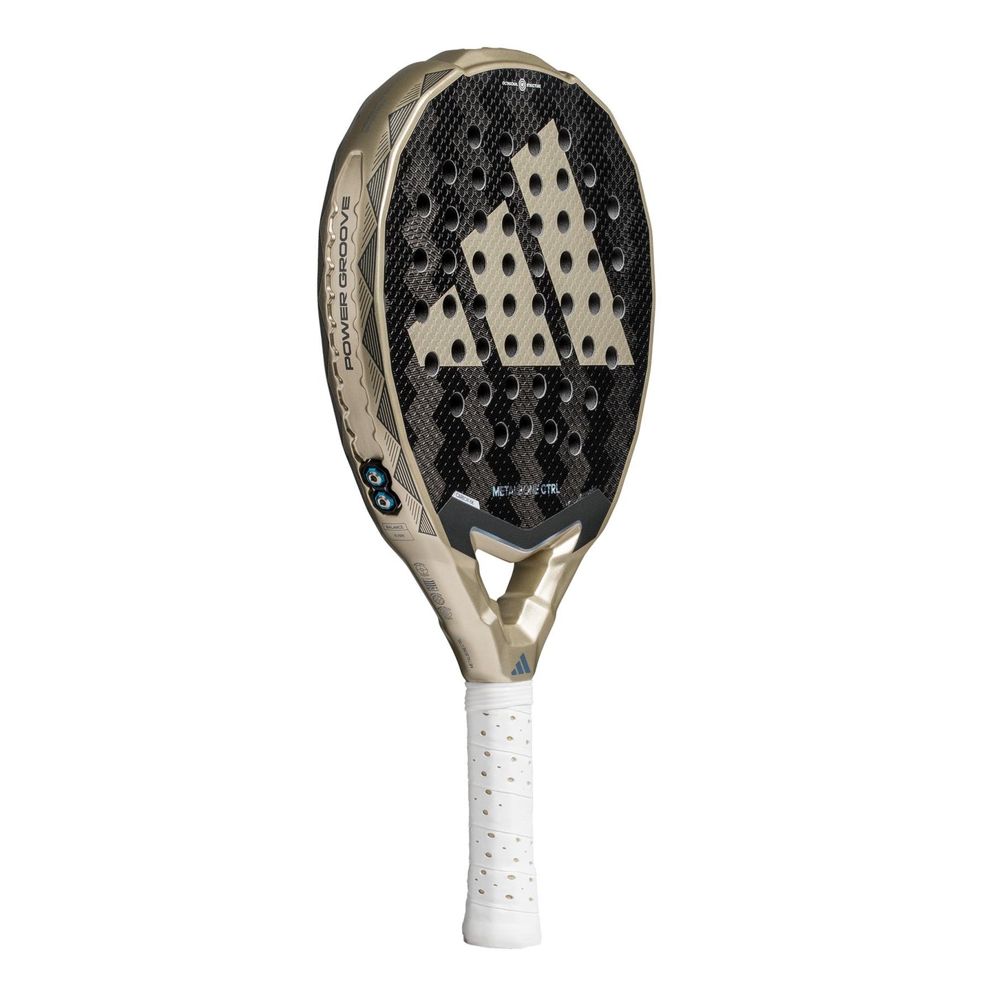 The ADIDAS Metalbone CTRL 3.4 Padel Racket by adidas features a gold and black design with an octagonal structure, large holes, a textured surface, three diagonal stripes, a white grip, and geometric patterns on the frame for added style.