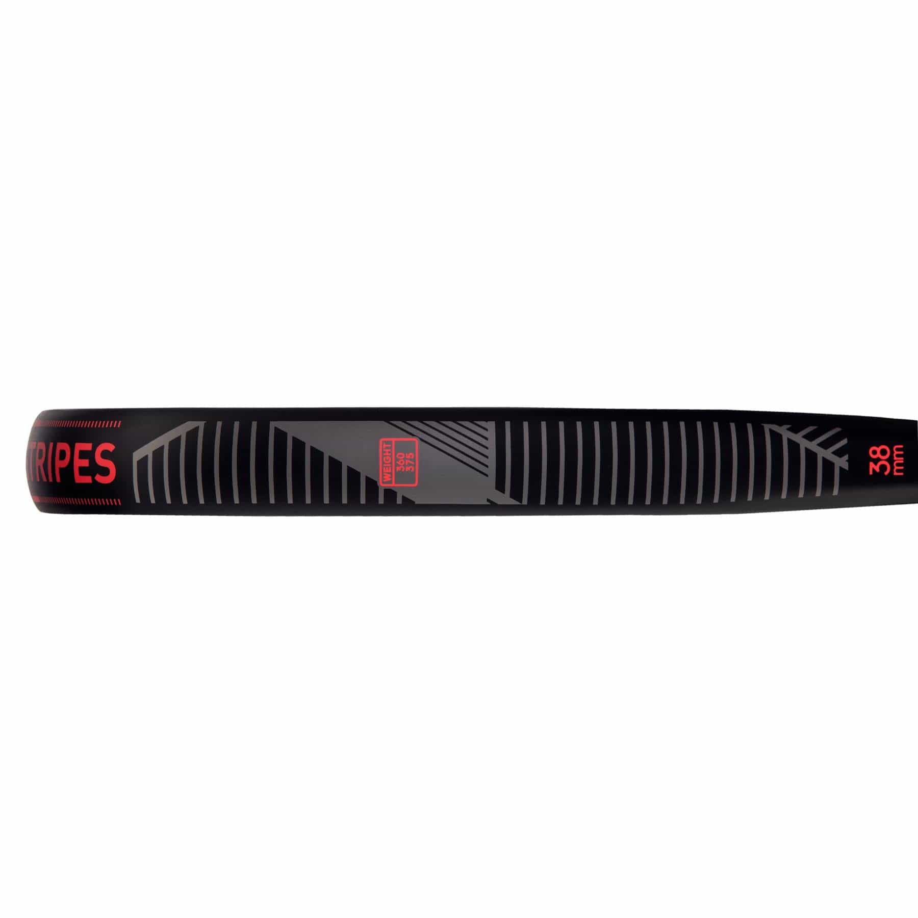 The side view of the ADIDAS Match 3.3 Padel Racket in black with red accent lines shows the text "STRIPES" and "98." This adidas racket is designed for beginner players, featuring a grip with stylized geometric patterns and a durable fiberglass construction for enhanced control.