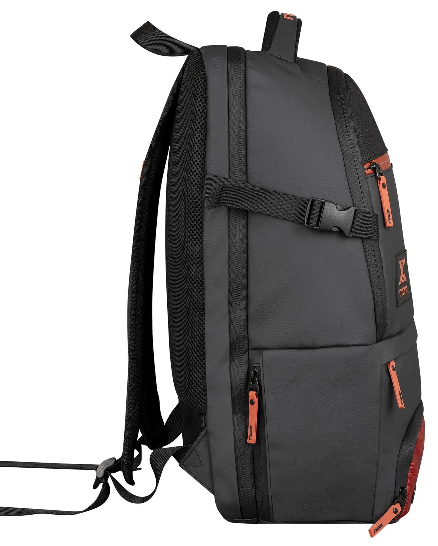 The NOX Luxury Open Series Padel Backpack by NOX, in black with red accents, features ergonomic padded straps, a mesh back panel, several zippered compartments, and an adjustable chest strap.