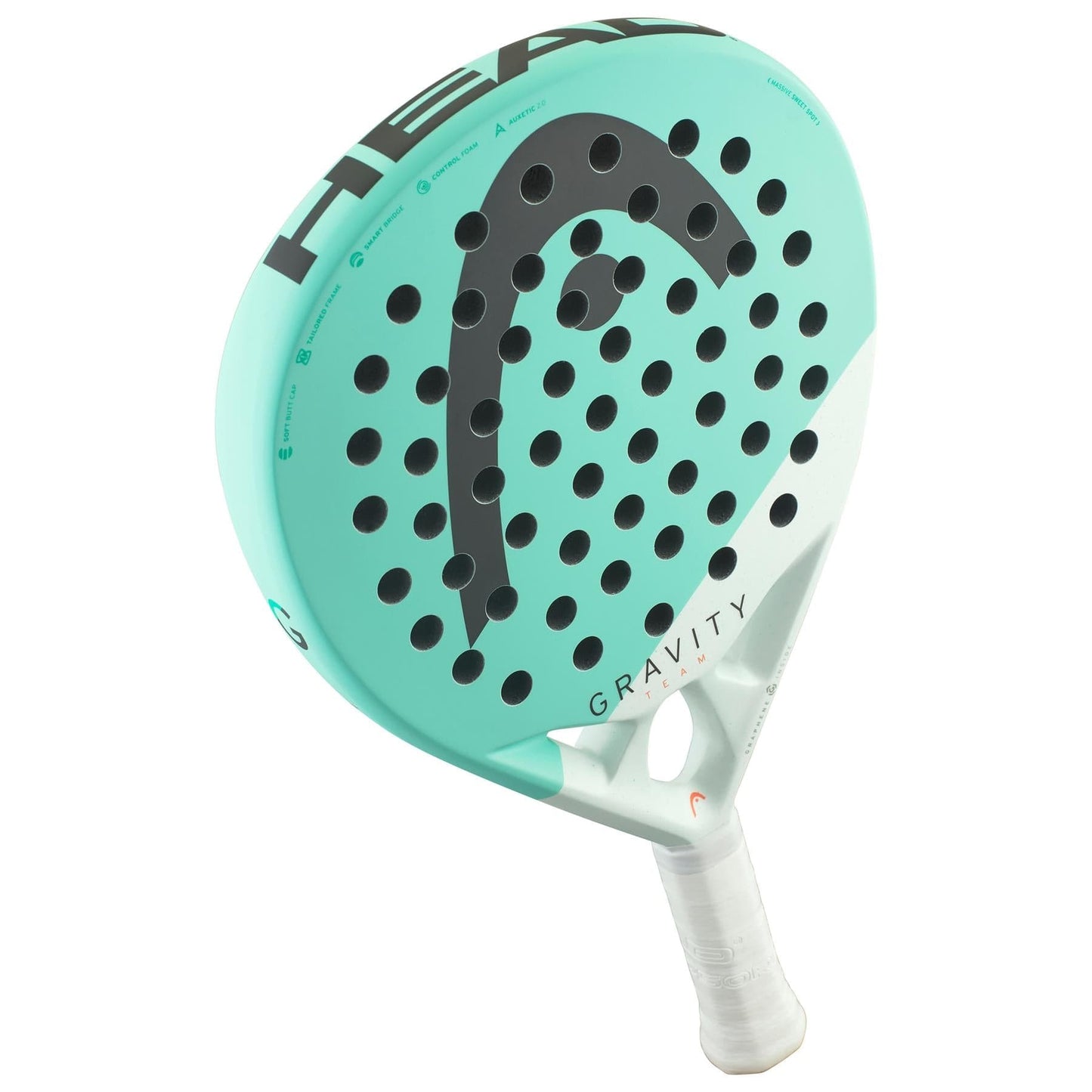 The HEAD Gravity Team 2024 Padel Racket - Mint is ideal for intermediate players, showcasing a mint and white color scheme with circular hole designs and the brand logo on the face. Upgraded with Auxetic 2.0 technology, the model name "Gravity" is printed along the side and it features a white grip tape handle.
