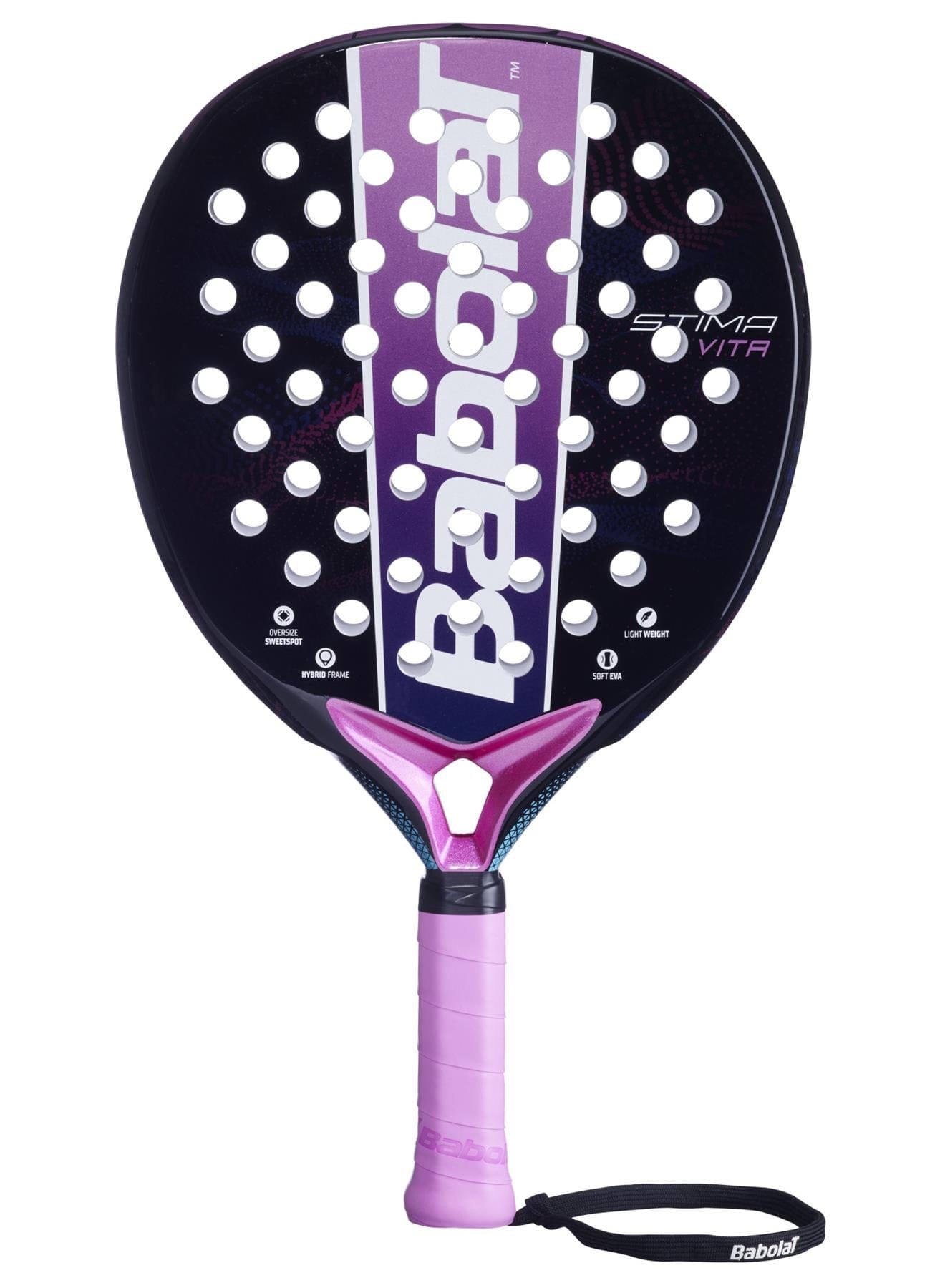 The Babolat Stima Vita Padel Racket in black and purple features distinctive white branding, multiple circular holes, and a pink grip with wrist strap for a stylish, lightweight option for players.