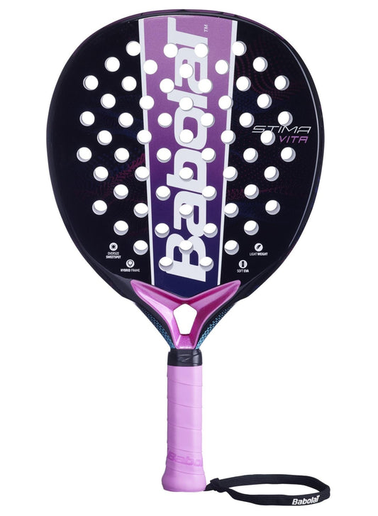The Babolat Stima Vita Padel Racket in black and purple features distinctive white branding, multiple circular holes, and a pink grip with wrist strap for a stylish, lightweight option for players.
