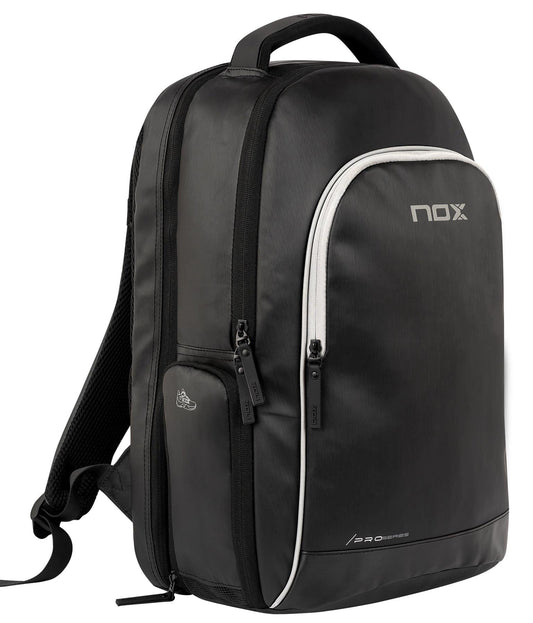 The NOX Pro Series Padel Backpack in black features a top handle, padded shoulder straps, multiple zippered compartments, and a spacious front pocket with the NOX logo in white for all your essentials.