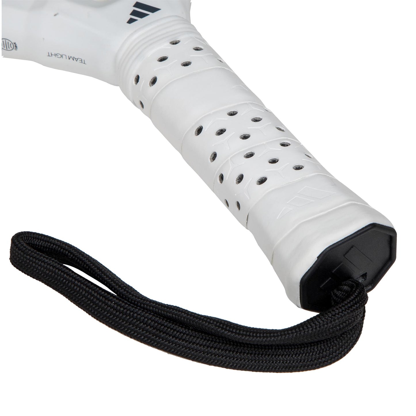 Close-up of the ADIDAS Metalbone Team Light 3.4 Padel Racket's white handle with textured grip and perforations. Ideal for advanced players, it is lightweight and includes a sturdy black strap for added security, with the adidas logo subtly embossed on the grip.