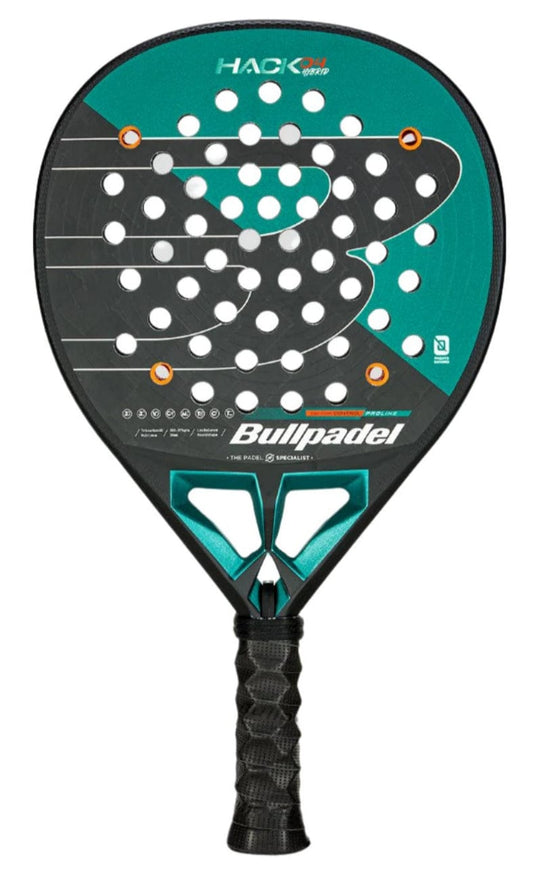 The Bullpadel Hack 04 Hybrid 2025 Padel Racket, in a striking black and green color scheme, prominently displays the "Hack" branding alongside "Bullpadel" on its surface. It features circular holes, a textured grip handle, and incorporates Total Channel technology to boost performance, making it ideal for dedicated players.