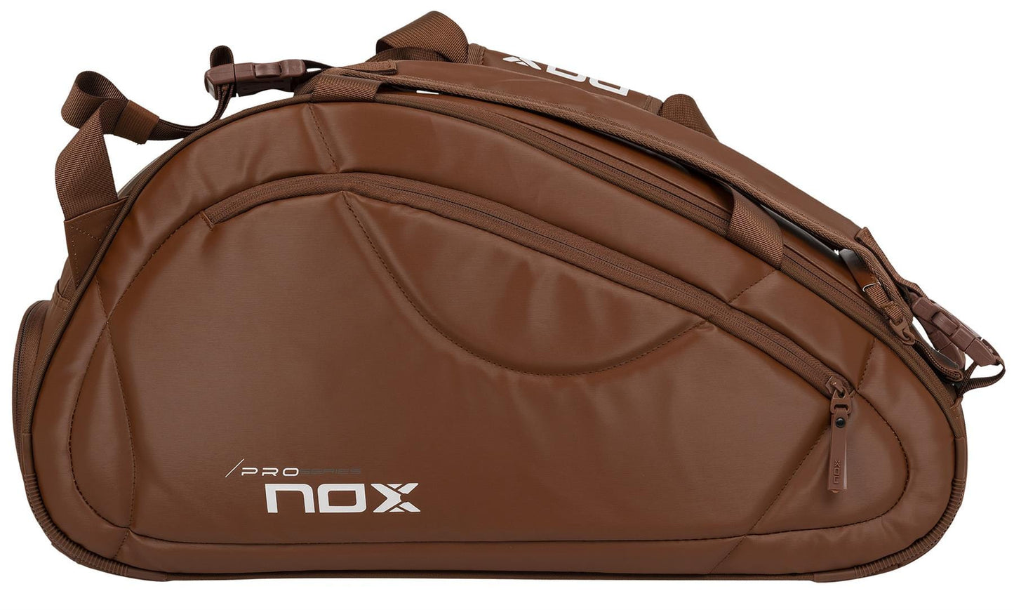 The NOX Pro Series Padel Racket Bag - Camel features a 45L capacity, multiple zippered compartments, carrying handles, and displays the "NOX" brand in white on the side.