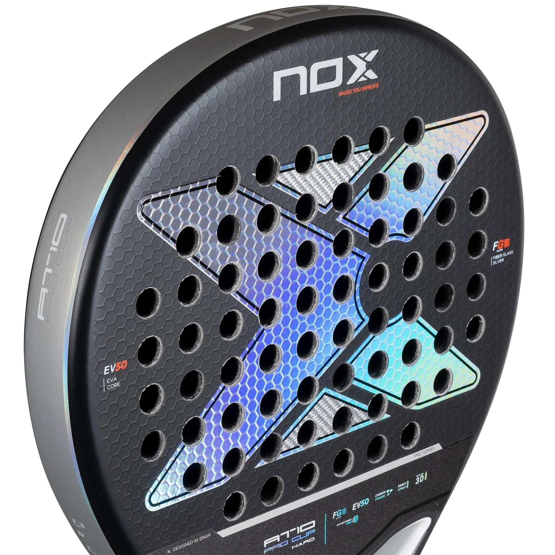 Close-up of the NOX AT10 Pro Cup HARD By Agustin Tapia 2025 Padel Racket, showing a large iridescent X in photochromic paint, round holes, honeycomb texture, branded details, and the Smartstrap® system on the side.