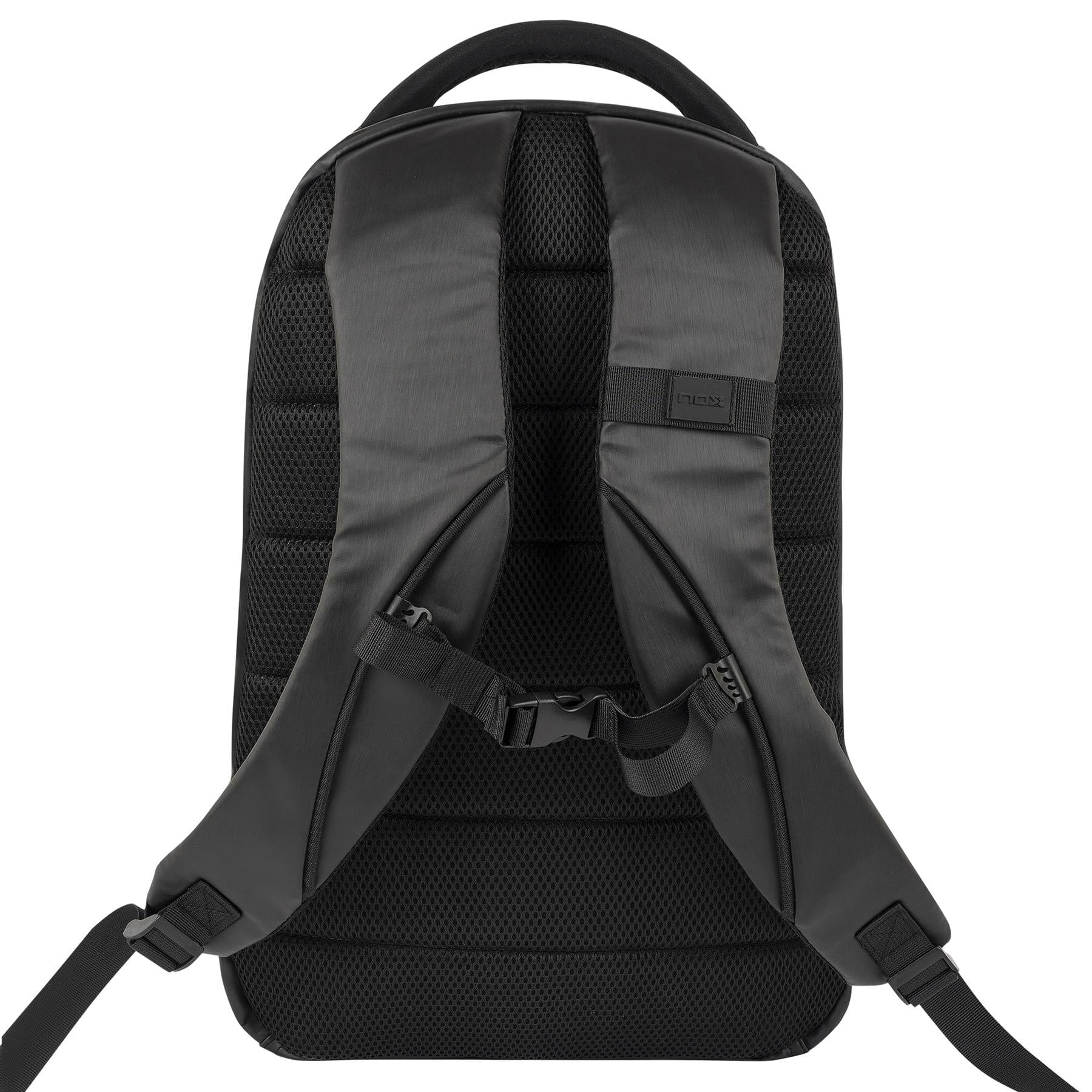 The NOX Pro Series Padel Backpack in black features padded shoulder straps, a chest buckle, and a cushioned, breathable back panel for comfort, along with spacious storage—shown here from the back.