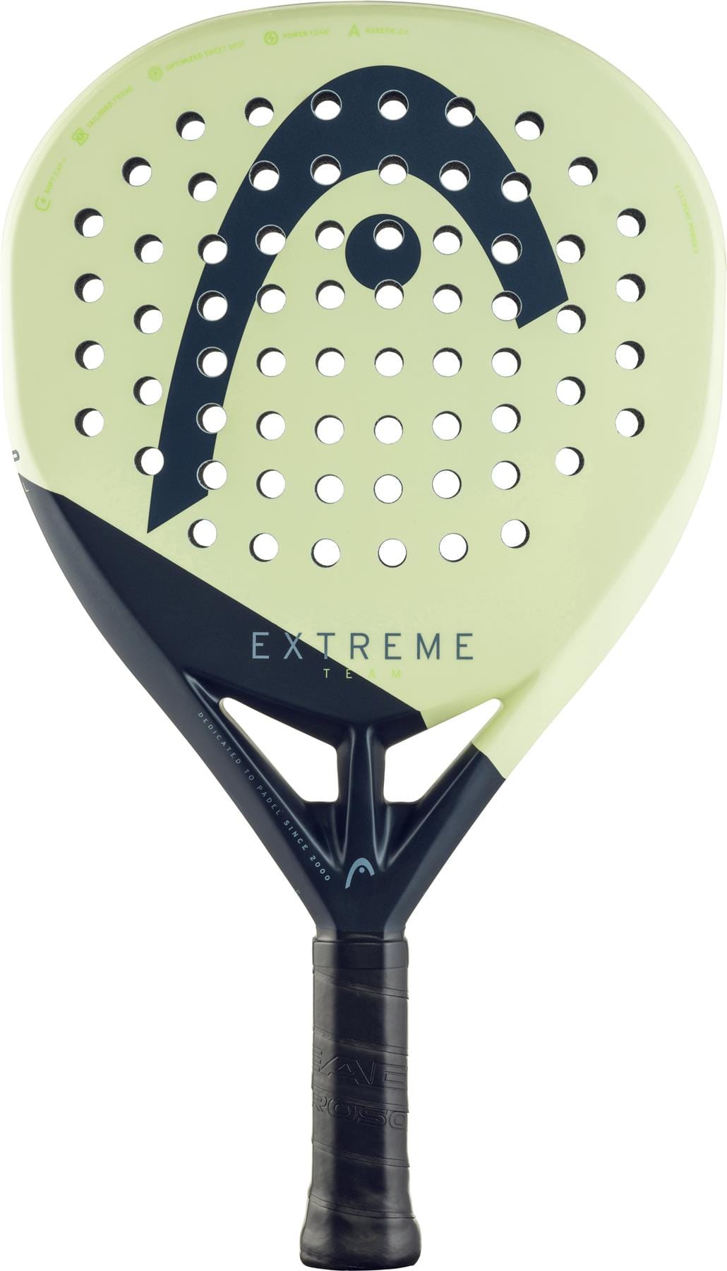 The HEAD Extreme Team 2025 Padel Racket in green features power foam, a large logo, multiple circular holes, and "EXTREME" printed above the handle—perfect for advanced players seeking top performance.