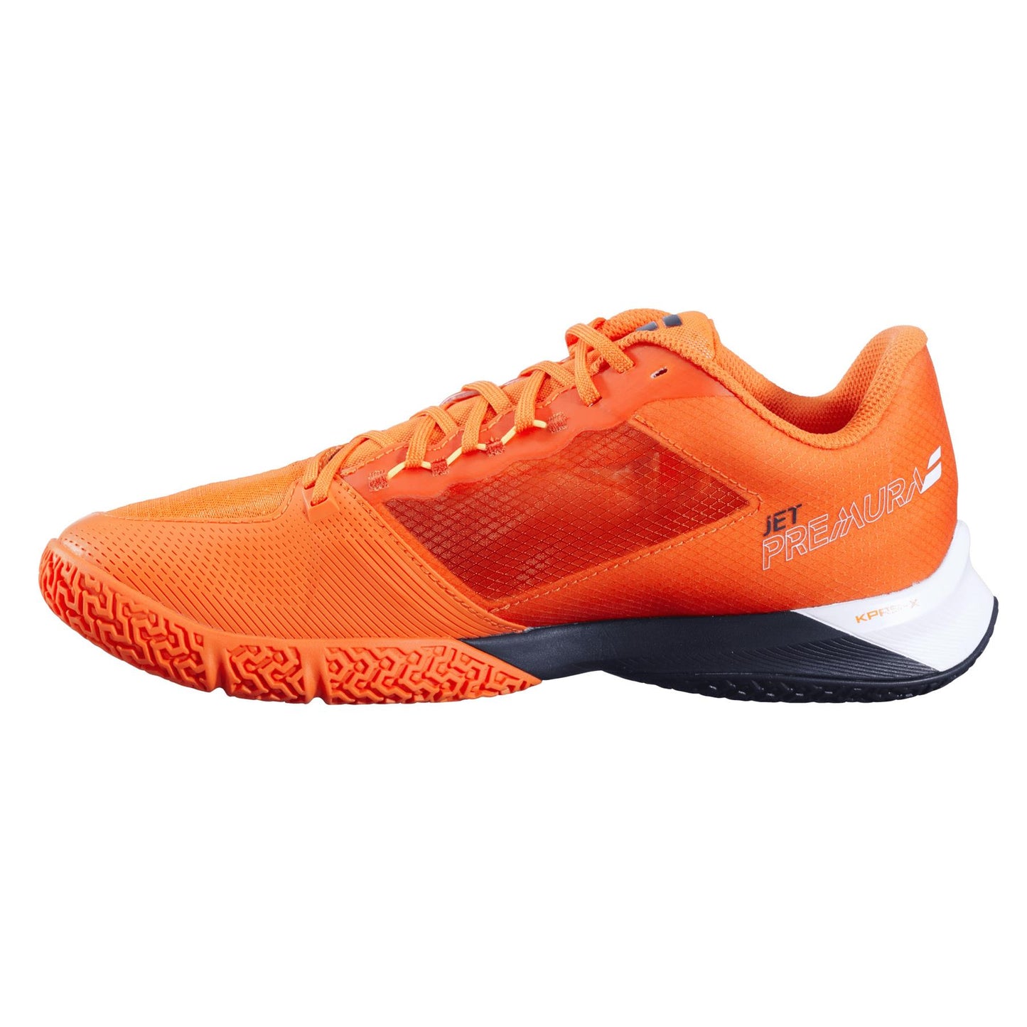 The Babolat Jet Premura 2 Men's Padel Shoes in Vibrant Orange feature a sleek design with a breathable mesh upper and "Jet Premura" on the side. The sole, made from durable Michelin rubber, has textured patterns for enhanced grip, making it ideal for padel.