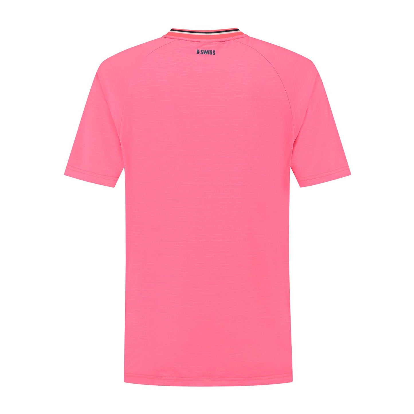 The back view of the K-Swiss Hypercourt Men's Melange 3 Padel T-Shirt in pink features short sleeves and a subtle "K-SWISS" logo on the neck, capturing the elegance and performance focus ideal for padel players.