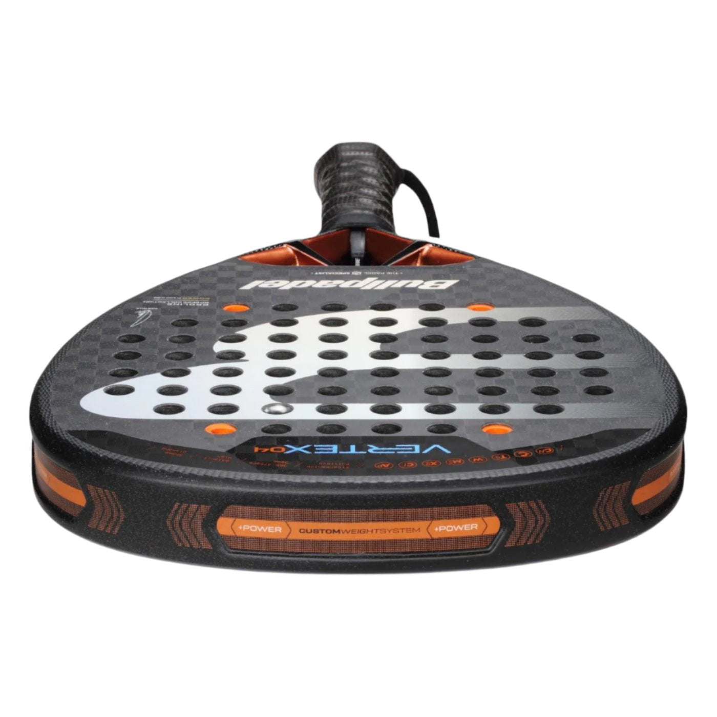 The Bullpadel Vertex 04 2025 Padel Racket is a black and copper racket with a teardrop shape, featuring circular holes for enhanced control. The Bullpadel brand name is prominently displayed on the surface, and its handle is wrapped in textured material for superior grip.