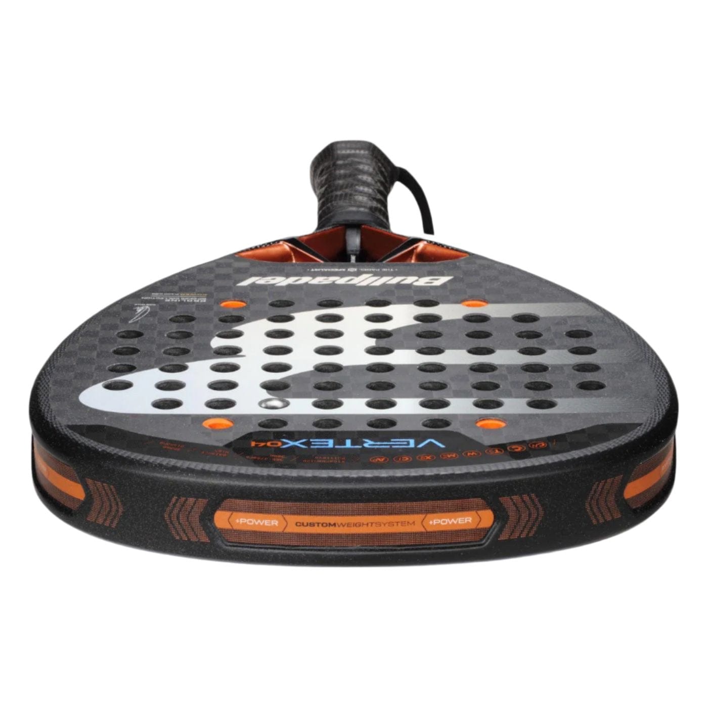 The Bullpadel Vertex 04 2025 Padel Racket is a black and copper racket with a teardrop shape, featuring circular holes for enhanced control. The Bullpadel brand name is prominently displayed on the surface, and its handle is wrapped in textured material for superior grip.