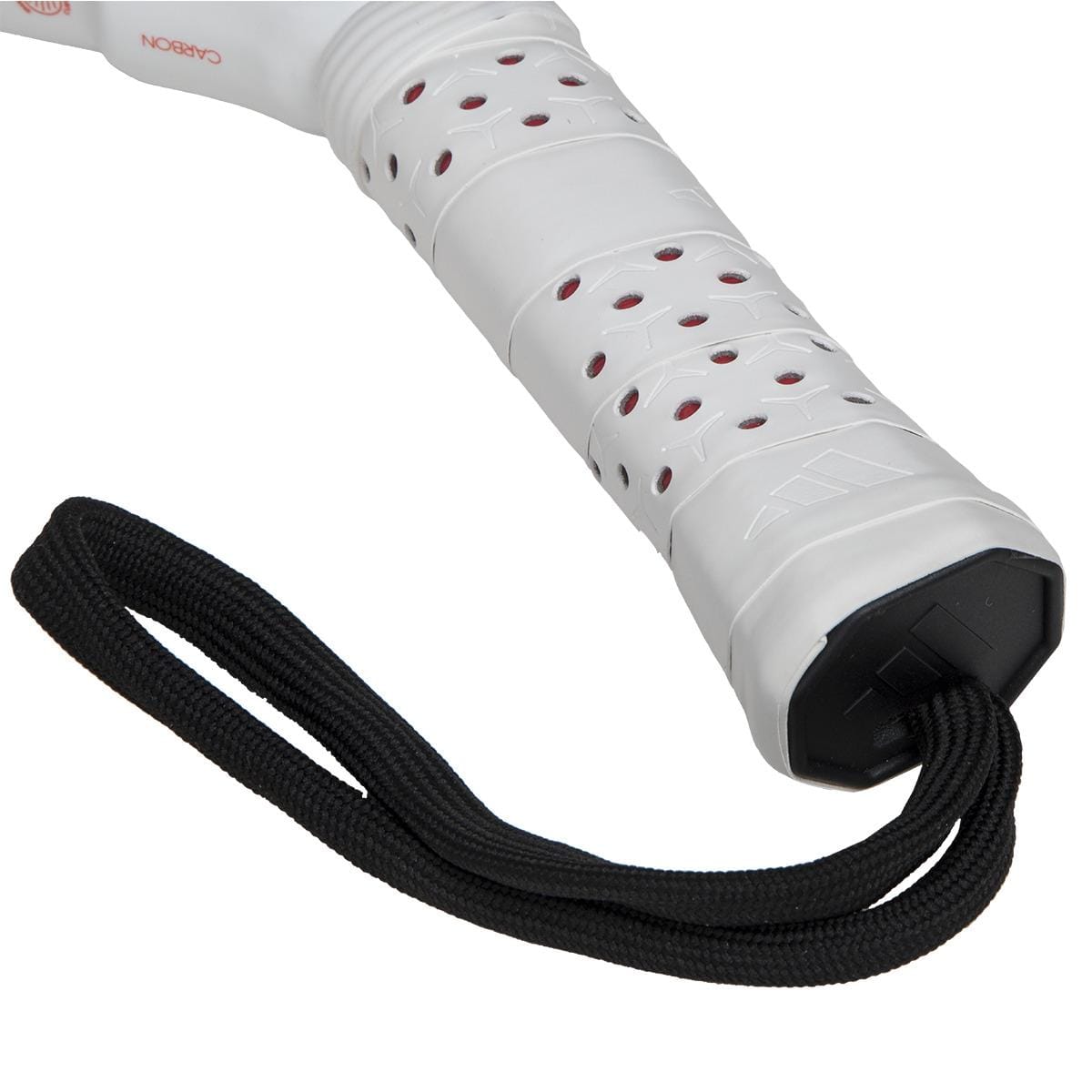 Close-up of a white racket handle with a black strap attached. Designed for advanced players, it features a perforated grip, offering precision and performance akin to the adidas Metalbone Carbon 3.4 Padel Racket in Black/White.